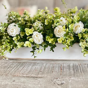 Farmhouse Planter Box Centerpiece with Greenery, Rustic Table Centerpiece, Floral Arrangements with Greenery, Mantle Decor
