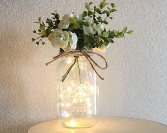 Quart Size Mason Jar with Fairy Lights and Flowers, Mason Jar Decor, Night Lights, Farmhouse, Bridal Shower Decor, Wedding Table Decorations