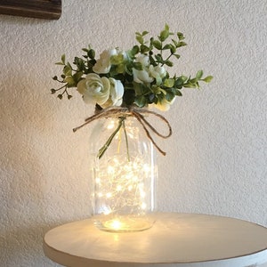 Quart Size Mason Jar with Fairy Lights and Flowers, Mason Jar Decor, Night Lights, Farmhouse, Bridal Shower Decor, Wedding Table Decorations