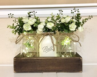 Florals Centerpieces Kitchen Marble Table rustic dining room decor farmhouse table centerpiece mason jars with lights mantle decor rustic kitchen country wedding table decor