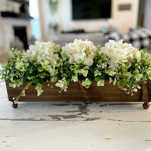 Dining Room Table Centerpiece, Wood Riser, Tray with Florals, Rustic Kitchen Island Centerpiece, Hydrangea Floral Arrangement, TV Console