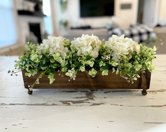 Dining Room Table Centerpiece, Wood Riser, Tray with Florals, Rustic Kitchen Island Centerpiece, Hydrangea Floral Arrangement, TV Console