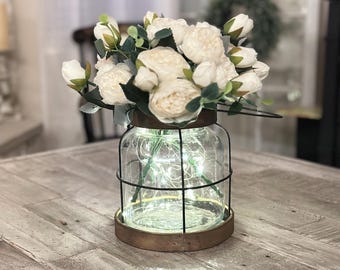 Home Decor, Mothers Day, Housewarming, Gift, Vintage Style Farmhouse Vase with White Peonys, Rustic Farmhouse Vase