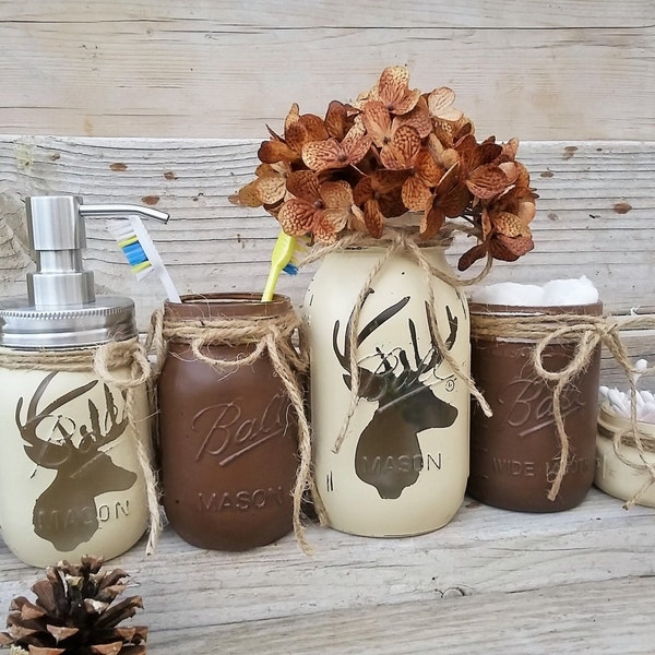 Deer Head Mason Jar Bathroom Set, Lodge Bathroom Decor, Boys Bathroom Decor, Deer Head Bathroom Decor, Rustic Cabin Bathroom Set, Brown, Tan