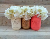 Coral and Gold Painted Mason Jars, Coral and Gold Baby Shower, Coral and Gold Wedding Decor,Coral and Gold Nursery Decor,Shower Decorartions
