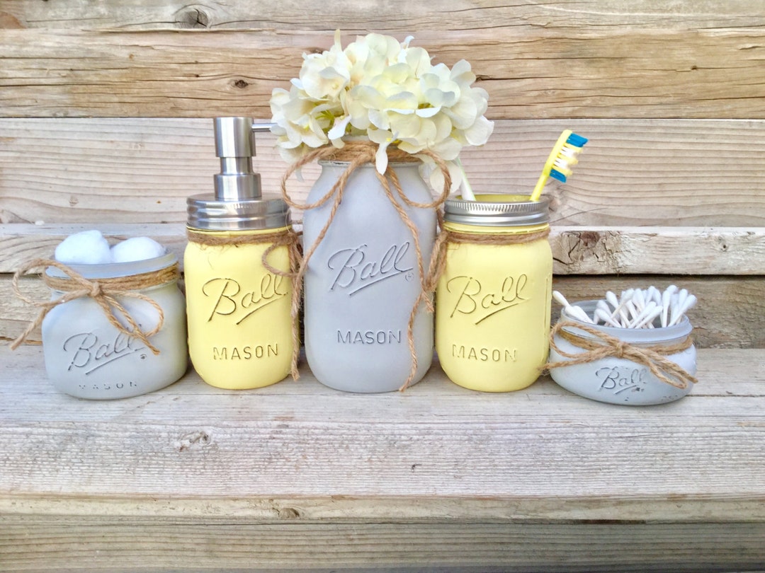 Yellow and Grey Bathroom Decor, Yellow and Gray Mason Jar Bath Set