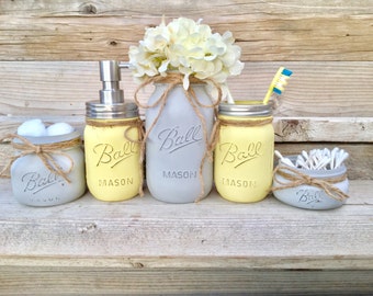 Yellow and Grey Bathroom Decor, Yellow and Gray Mason Jar Bath Set,Yellow and Grey Bathroom,  Yellow and Grey,Yellow and Grey Bathroom Decor