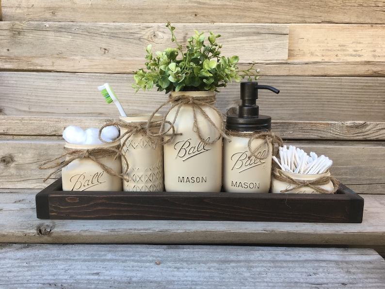Rustic Farmhouse Decor Bathroom Set Painted Mason Jar Sets With Oil Rubbed Bronze Soap Dispenser and Storage Jars Qtip, Toothbrush Holders image 5