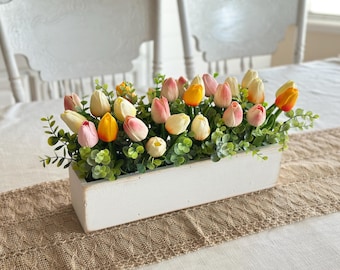 Artificial Tulip Arrangement in White Wooden Box - Spring Floral Centerpiece, Farmhouse Decor, Faux Flower Arrangement, Home & Table Decor
