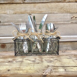 Mason Jar Silverware caddy, Chicken Wire Silverware Holder, Rustic Party Decor, Fork, Spoon Knive Caddy, Farmhouse Silverware Organizer image 4