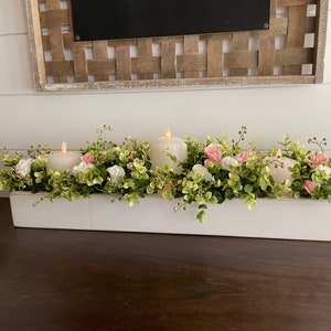 Farmhouse Candle Floral Arrangements Planter Box With Greenery Rustic