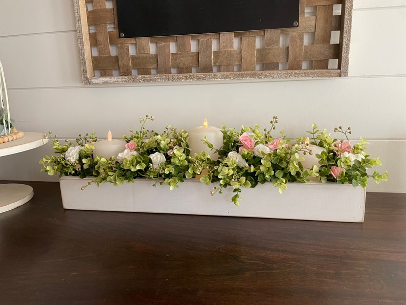 Farmhouse Candle Floral Arrangements Planter Box with Greenery Rustic Farmhouse Mantle Centerpiece Decor Kitchen Table Beach House Boho image 6