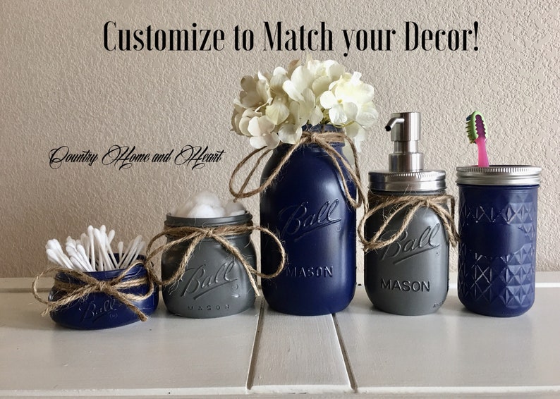 Navy Bathroom Decor Navy and Gray Mason Jar Bathroom Set Etsy