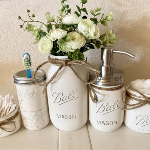 Bathroom Set-Bathroom Decor-Farmhouse Bathroom-Jars for Bathroom Storage-Decorations-Mason Jar Bath Set-Bathroom Organizer-Rustic Bathroom