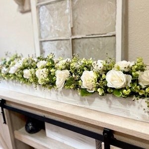 Farmhouse Planter Box Centerpiece with Greenery, Rustic Table Centerpiece, Floral Arrangements with Greenery, Mantle Decor