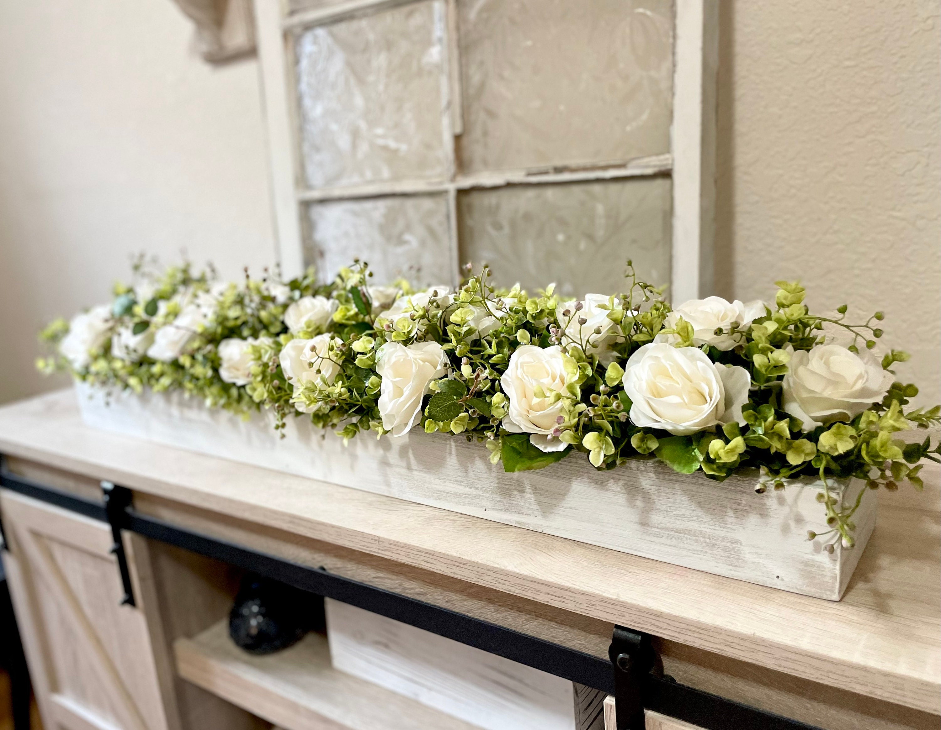 Farmhouse Planter Box Centerpiece With Greenery Rustic Table Centerpiece Floral Arrangements With Greenery Mantle Decor Etsy UK