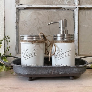 Bathroom Decor, Toothbrush Holder and Soap Dispenser, Metal Tray, Farmhouse Bathroom Decor, Mason Jars, Rustic Bathroom Decor, Bathroom