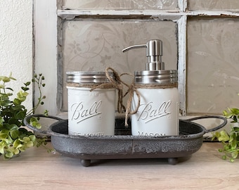 Bathroom Decor, Toothbrush Holder and Soap Dispenser, Metal Tray, Farmhouse Bathroom Decor, Mason Jars, Rustic Bathroom Decor, Bathroom