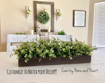 Rustic Planter Box Centerpiece with Greenery, Farmhouse Table Centerpieces, Floral Arrangement with Greenery, Mantle Decor, Arrangements