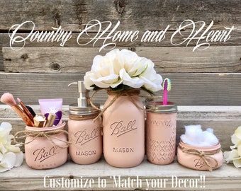 Blush pink Mason Jar Bathroom Set-Bathroom Decor-Housewarming Gift-Bathroom Set-Mason Jar Bath Set-Bathroom Organizer-Blush Bathroom Decor