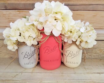 Coral and Grey, Coral and Gray Decor, Coral and Grey Nursery, Coral and Grey Wedding, Coral and Grey Painted Mason Jars,Coral and Grey Decor