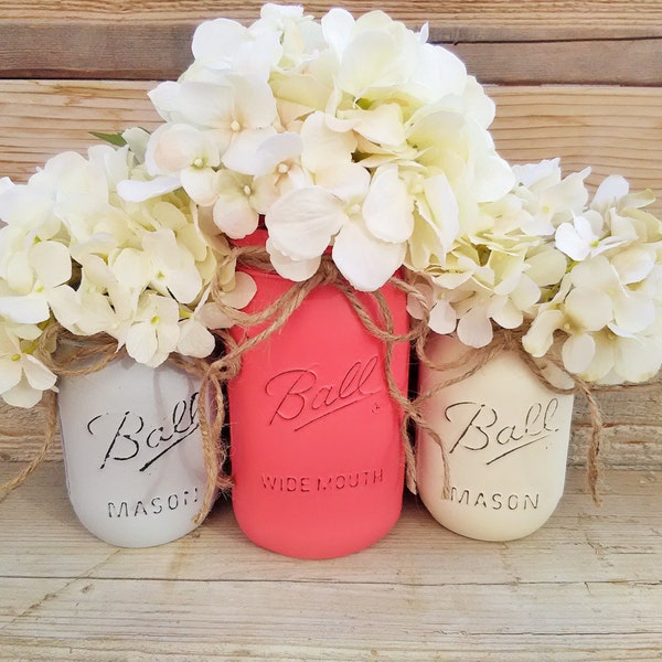 Coral and Grey, Coral and Gray Decor, Coral and Grey Nursery, Coral and Grey Wedding, Coral and Grey Painted Mason Jars,Coral and Grey Decor