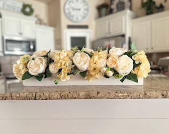 Hydrangea Centerpiece: Modern Farmhouse Floral Box Arrangement Cream, Blue, or Green, Purple