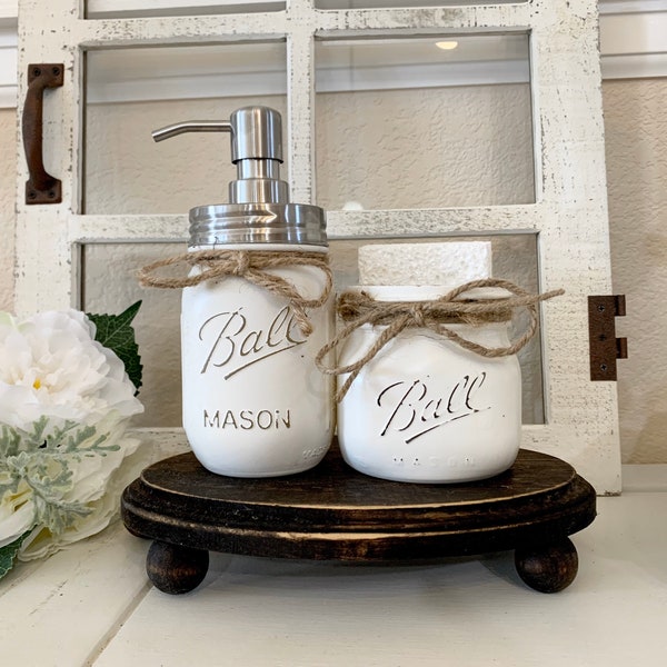 Kitchen Soap Dispenser and Sponge holder  Small Wood Tray with Risers, Rustic Kitchen Sink Tray with Mason Jar Dispenser and Sponge Holder