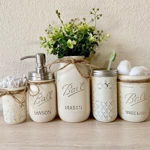 Country Farmhouse Bathroom Decor Mason Jar Bathroom Set Rustic Bathroom Decor Country Chic Bathroom Decorations Beach Housewarming Rustic image 1