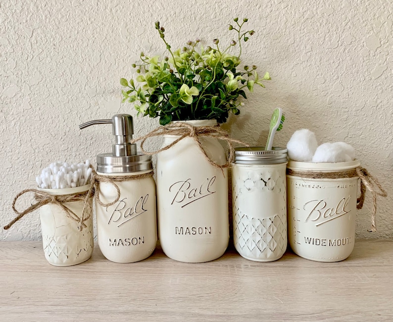 Country Farmhouse Bathroom Decor Mason Jar Bathroom Set Rustic Bathroom Decor Country Chic Bathroom Decorations Beach Housewarming Rustic image 1