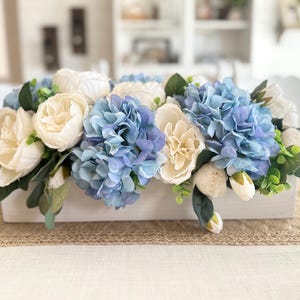Blue Hydrangea Centerpiece: Farmhouse Floral Box Arrangement