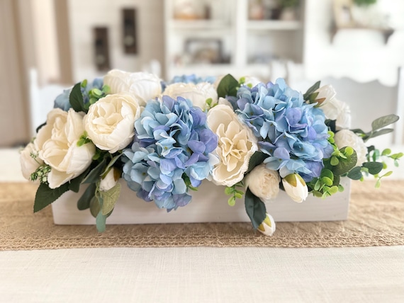Blue Hydrangea Centerpiece: Farmhouse Floral Box Arrangement