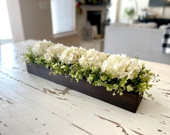 Modern Farmhouse Hydrangea Dining Room Table Centerpiece, Rustic Farmhouse Low Profile Long Planter Box Greenery Table Centerpiece, Kitchen