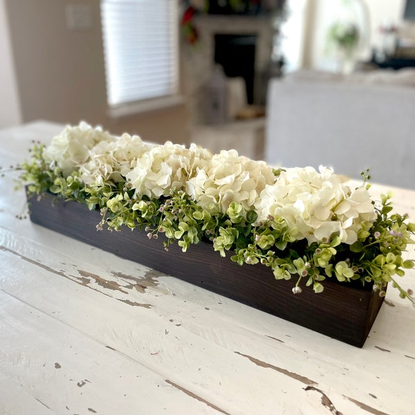 Modern Farmhouse Hydrangea Dining Room Table Centerpiece, Rustic Farmhouse Low Profile Long Planter Box Greenery Table Centerpiece, Kitchen