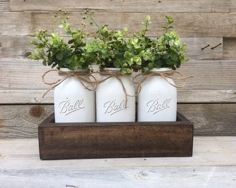 Table Centerpiece, 3 Quart Mason Jar Centerpiece, Table Decor, Mantle Decor, Rustic Planter With Jars, Mason Jar Centerpiece, Box with Jars