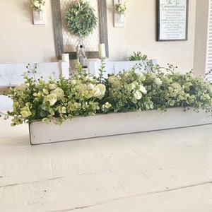 Farmhouse Floral Arrangements Planter Box with Greenery Rustic Farmhouse Mantle Centerpiece Decor Kitchen Table Centerpieces, Beach, Boho