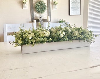 Farmhouse Planter Box Centerpiece with Greenery, Rustic Table Centerpiece, Floral Arrangements with Greenery, Mantle Decor