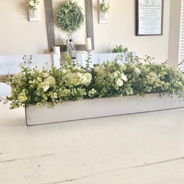 Farmhouse Planter Box Centerpiece with Greenery, Rustic Table Centerpiece, Floral Arrangements with Greenery, Mantle Decor