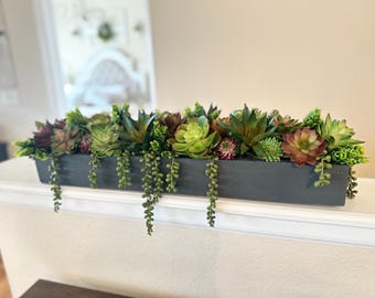 Succulent Centerpiece Faux Greenery Arrangement Wood Tray with Succulents Home Decor Wedding Centerpiece