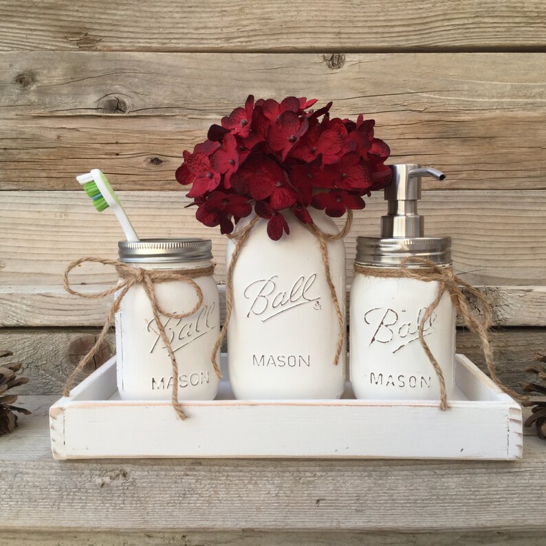 Mason Jar Bath Set with Tray, Grey Farmhouse Bathroom Decor, Gray Bathroom Decor,Custom Bathroom Decor,Mason Jar Bathroom Sets, Country Bath image 2