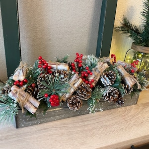 Christmas Decor, Christmas Dining Table Decor, Rustic Christmas Centerpiece,Farmhouse Pinecone and Frosted Pine Christmas Table Centerpiece