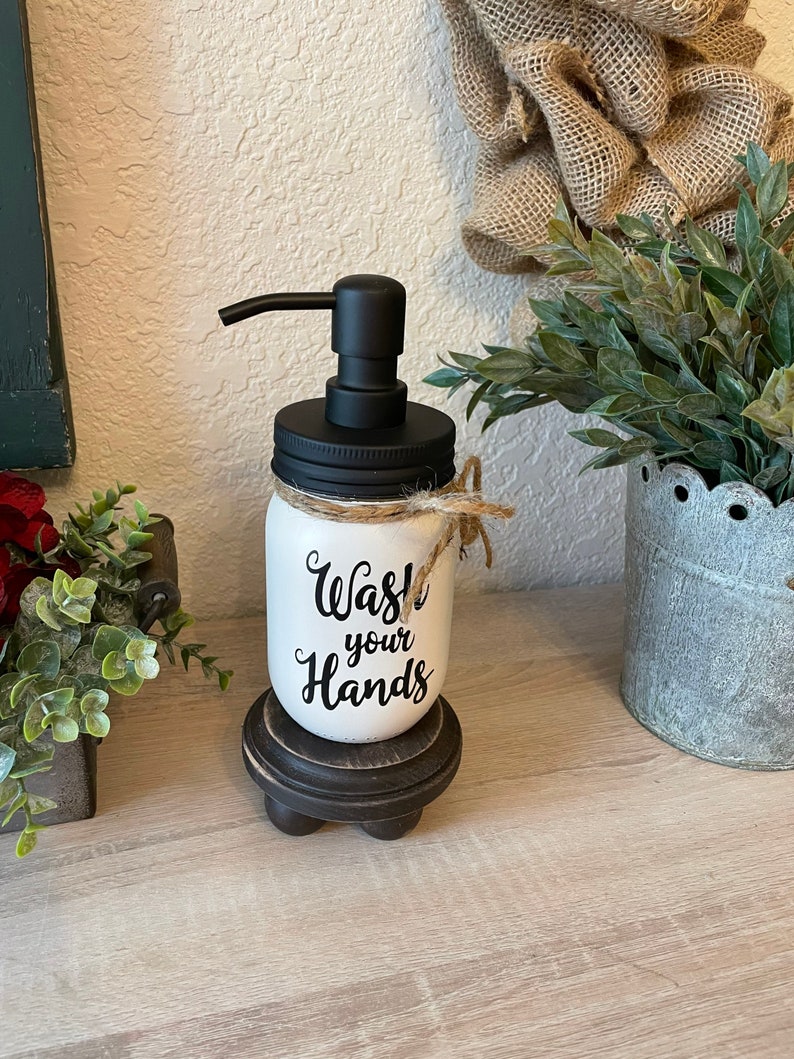 Farmhouse Bathroom or Powder Room Painted Mason Jar Soap Dispenser with Wash Your Hands, Wash Your Hands Bathroom Sign on Jar image 6