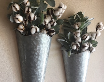 Rustic Wall Decor, Wall Pockets with Cotton Stems and Lambs Ears, Country Wall Decor, Rustic Home Decor, Farmhouse Wall Tins, Magnolia Style