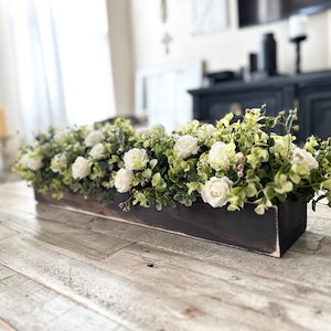 Farmhouse Planter Box Centerpiece with Greenery, Rustic Table Centerpiece, Floral Arrangements with Greenery, Mantle Decor