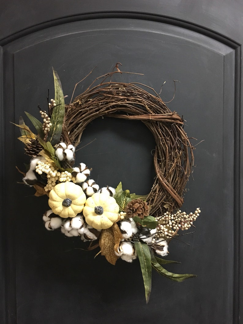 Fall White Pumpkin Wreath, Front Door Fall Wreaths, Neutral Fall Decor, Fall Pumpkin Wreath, Fall Decor, Fall Mantle Decor, Fall Porch Decor image 3