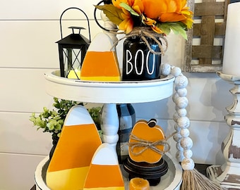 Halloween Fall Tier Tray Decor: Wood Pumpkin, Candy Corn, BOO Jar Knick knack gift