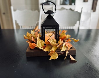 Rustic Candle Lantern Fall Thanksgiving Table Centerpiece with Wood Tray and Fall Leaves Wedding Decoration Centerpiece Cozy Home Decor