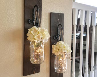 Large Set of Lighted Mason Jar Sconces, Wall Decor,Mason Jar Wall Decor, Distressed Wood Sconce, Lighted Mason Jars, Home Decor