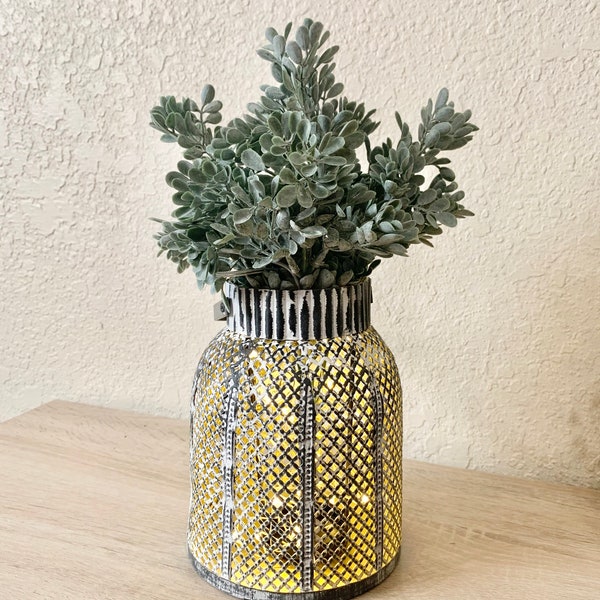 Farmhouse Lantern, Rustic Lantern Candle Holder, Lanterns, With Lights, Table and Shelf Lantern, Distressed Lantern white and gray