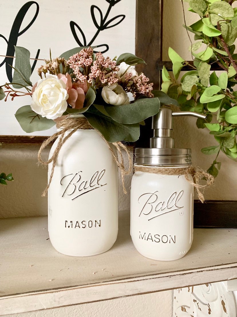 Mason Jar Bathroom Decor Vase and Soap Dispenser Set Painted Etsy